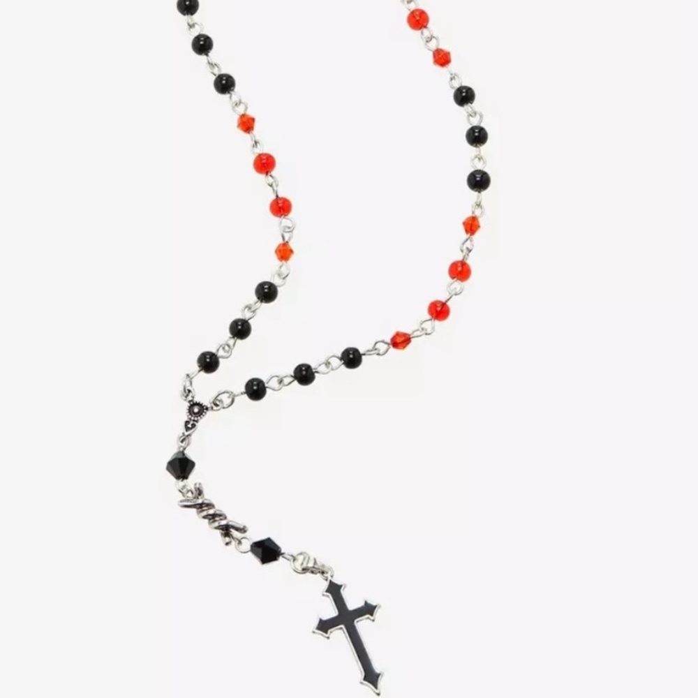 Long red and black cross necklace